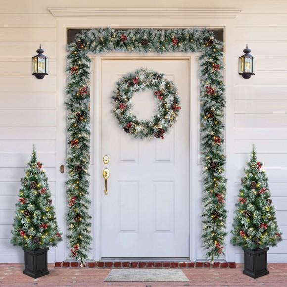 Glitzhome Glitzhome 24"D Pre-Lit Pinecones And Red Berries Artificial Christmas Wreath And Matched 2PK 9ft Garland Set And 2PK 4FT Porch Tree Set (Set Of 5）