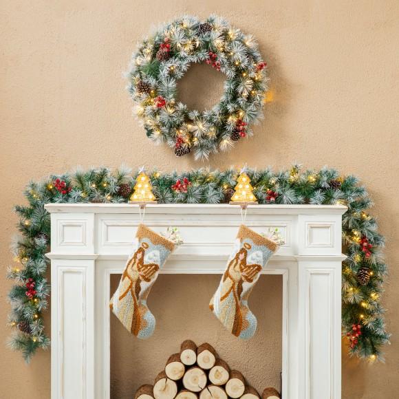 Glitzhome Glitzhome 24"D Pre-Lit Pinecones And Red Berries Artificial Christmas Wreath And Matched 2PK 9ft Garland Set（Set Of 3)