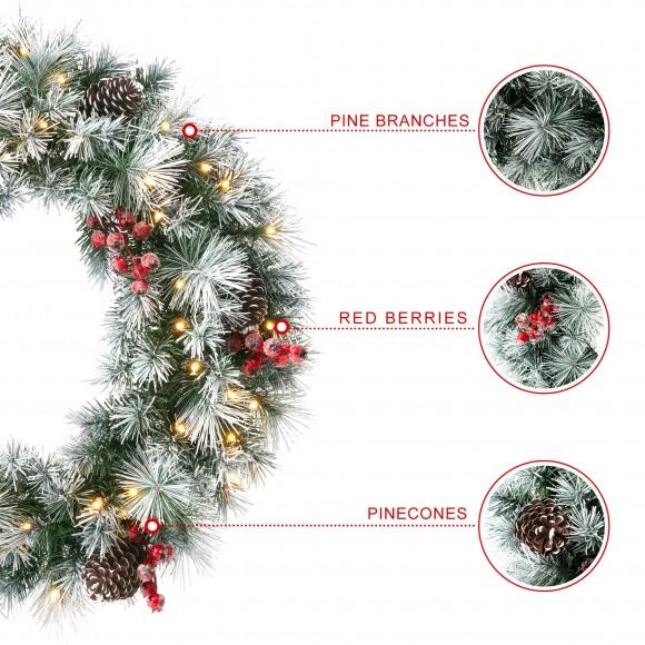 Glitzhome Glitzhome 24"D Pre-Lit Pinecones And Red Berries Artificial Christmas Wreath And Matched 2PK 9ft Garland Set（Set Of 3)