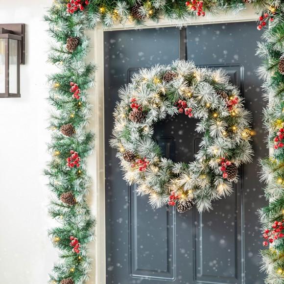 Glitzhome Glitzhome 24"D Pre-Lit Pinecones And Red Berries Artificial Christmas Wreath And Matched 2PK 9ft Garland Set（Set Of 3)