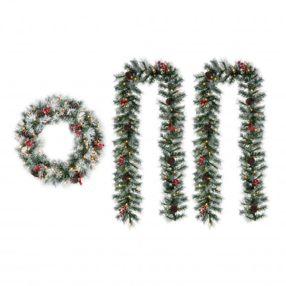 glitzhome Glitzhome 24"D Pre-Lit Pinecones and Red Berries Artificial Christmas Wreath and Matched 2PK 9ft Garland Set（Set of 3)