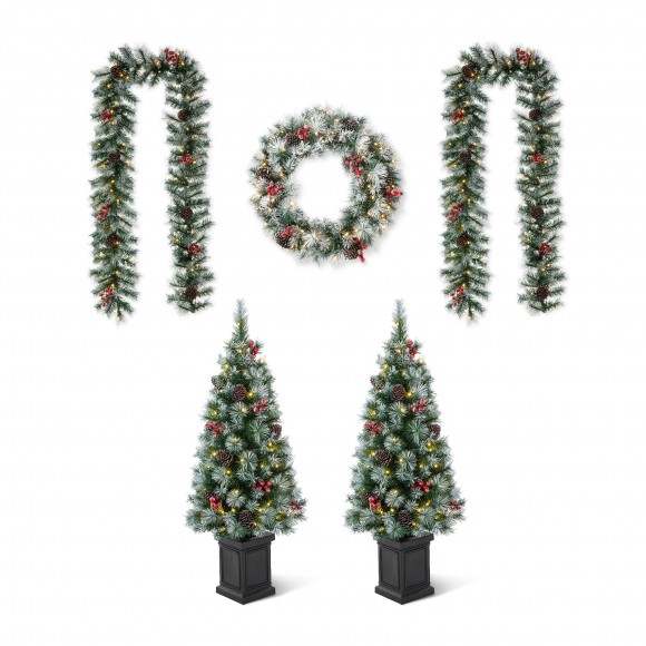 glitzhome Glitzhome 24"D Pre-Lit Pinecones and Red Berries Artificial Christmas Wreath and Matched 2PK 9ft Garland Set and 2PK 4FT Porch Tree Set (Set Of 5）