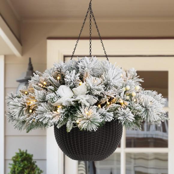Glitzhome Glitzhome 24"D Pre-Lit Snow Flocked Christmas Artificial Pine Poinsettia Hanging Basket With 50 Warm White Lights And Timer