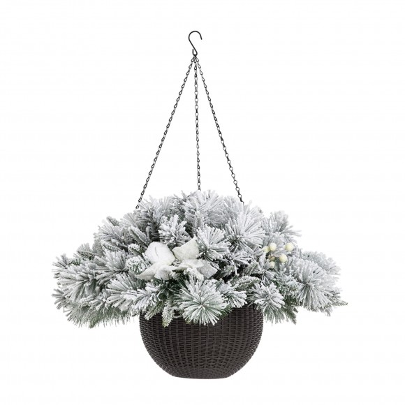 Glitzhome Glitzhome 24"D Pre-Lit Snow Flocked Christmas Artificial Pine Poinsettia Hanging Basket With 50 Warm White Lights And Timer