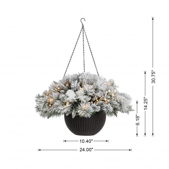 Glitzhome Glitzhome 24"D Pre-Lit Snow Flocked Christmas Artificial Pine Poinsettia Hanging Basket With 50 Warm White Lights And Timer