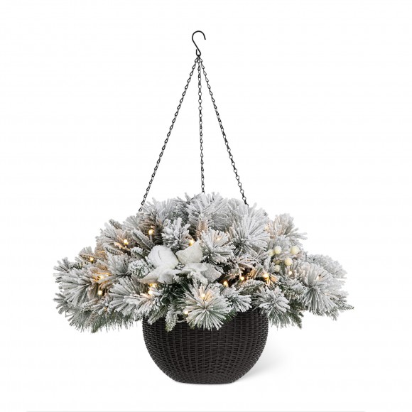 glitzhome Glitzhome 24"D Pre-Lit Snow Flocked Christmas Artificial Pine Poinsettia Hanging Basket with 50 Warm White Lights and Timer