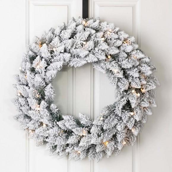 Glitzhome Glitzhome 24"D Pre-Lit Snow Flocked Christmas Wreath With Warm White LED Light