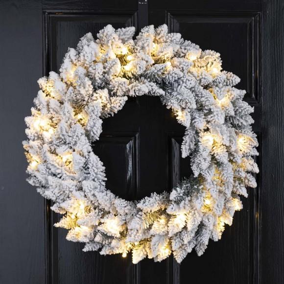 Glitzhome Glitzhome 24"D Pre-Lit Snow Flocked Christmas Wreath With Warm White LED Light