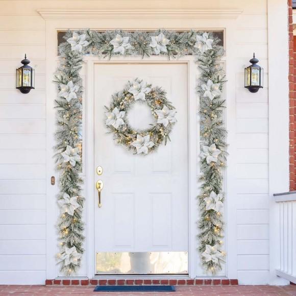 Glitzhome Glitzhome 24"D Pre-Lit Snow Flocked Greenery Pine Poinsettia Christmas Wreath And Matched 2PK 9ft Garland Set