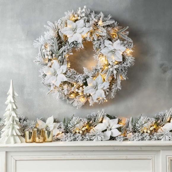 Glitzhome Glitzhome 24"D Pre-Lit Snow Flocked Greenery Pine Poinsettia Christmas Wreath With 50 Warm White Lights(Includes Timer)