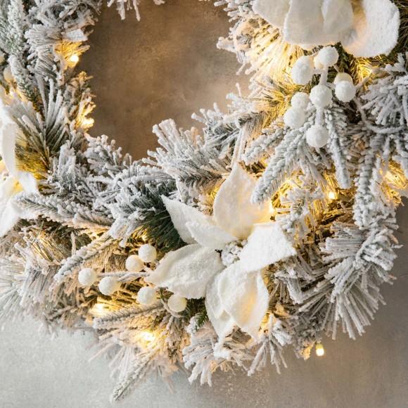 Glitzhome Glitzhome 24"D Pre-Lit Snow Flocked Greenery Pine Poinsettia Christmas Wreath With 50 Warm White Lights(Includes Timer)