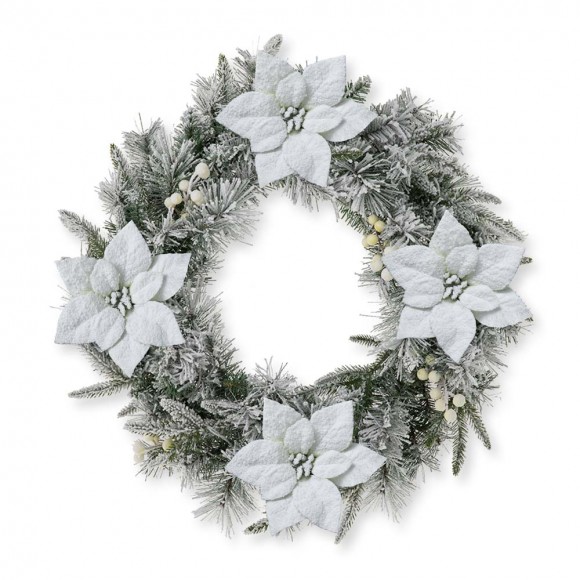 Glitzhome Glitzhome 24"D Pre-Lit Snow Flocked Greenery Pine Poinsettia Christmas Wreath With 50 Warm White Lights(Includes Timer)