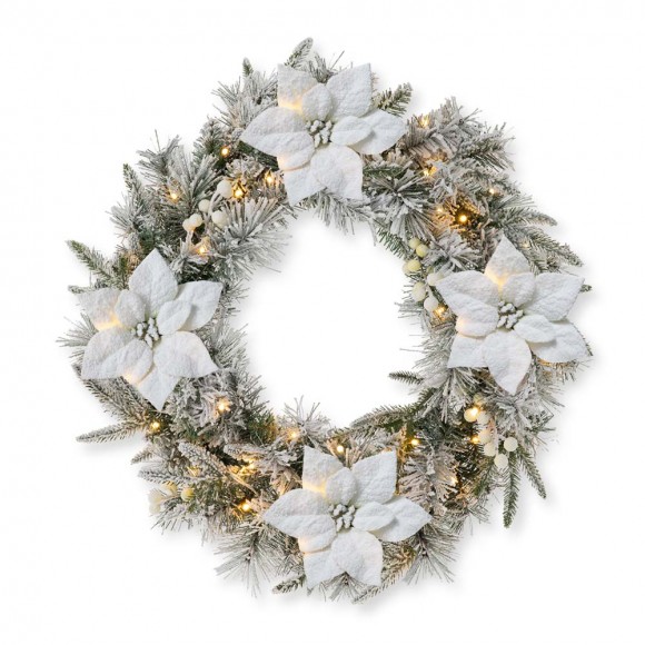 glitzhome Glitzhome 24"D Pre-Lit Snow Flocked Greenery Pine Poinsettia Christmas Wreath with 50 Warm White Lights(Includes Timer)