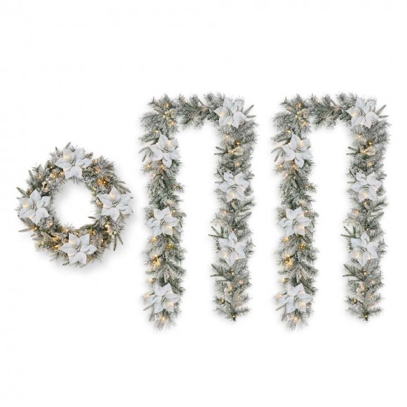 glitzhome Glitzhome 24"D Pre-Lit Snow Flocked Greenery Pine Poinsettia Christmas Wreath and Matched 2PK 9ft Garland Set