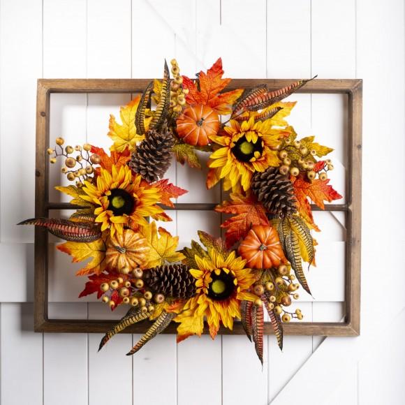 Glitzhome Glitzhome 24"D Yellow/Orange Sunflower Wreath With 28"L Window Frame