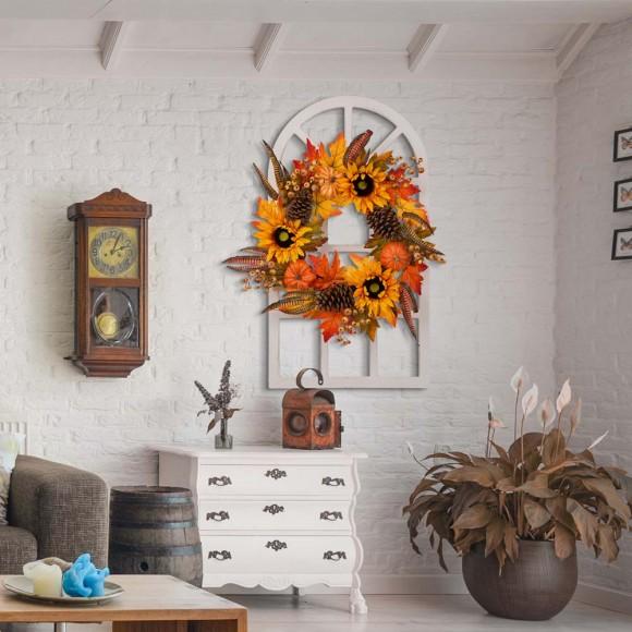 Glitzhome Glitzhome 24"D Yellow/Orange Sunflower Wreath With 36"H Wooden Window Frame