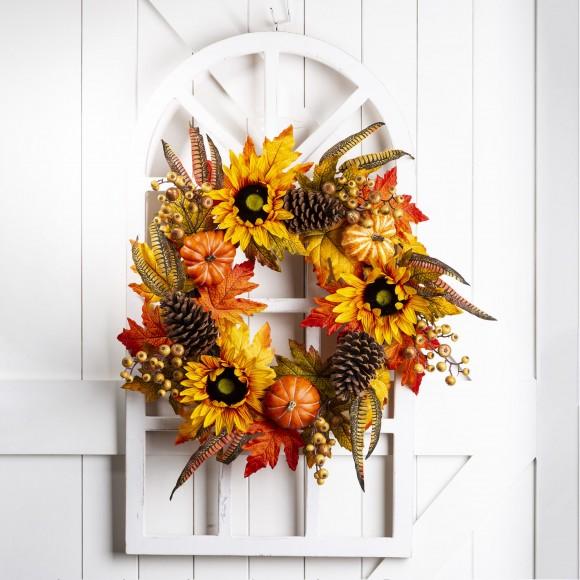 Glitzhome Glitzhome 24"D Yellow/Orange Sunflower Wreath With 36"H Wooden Window Frame