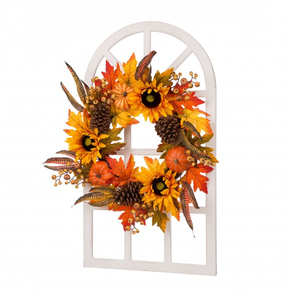 glitzhome Glitzhome 24"D Yellow/Orange Sunflower Wreath with 36"H Wooden Window Frame