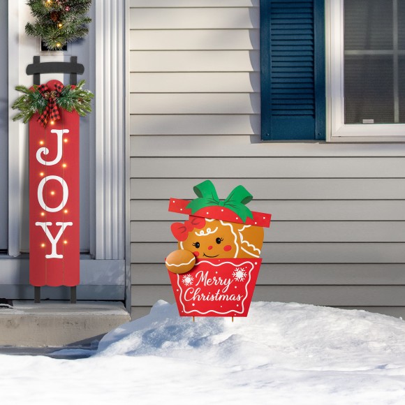 Glitzhome Glitzhome 24"H Christmas Metal Gingerbread Giftbox Yard Stake Or Standing Decor Or Wall Decor (KD Three Function)