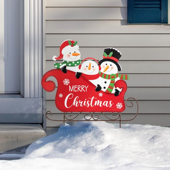 Glitzhome Glitzhome 24"H Metal Snowmen Riding Sleigh Yard Stake