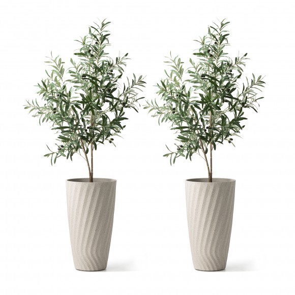 Glitzhome Glitzhome 24"H Oversized Set Of 2 Sand Beige Eco-Friendly Resin And Stone Faux Terrazzo Wave Textured Ceramic Tall Planter