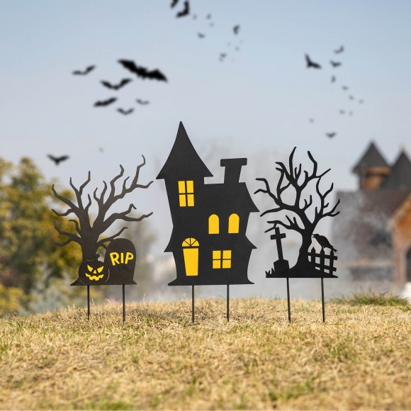 Glitzhome Glitzhome 24"H Set Of 3 Halloween Metal Silhouette Haunted House And Ghost Tree Yard Stake Or Hanging Decor (Two Function)