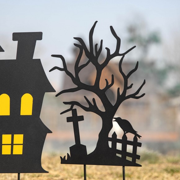 Glitzhome Glitzhome 24"H Set Of 3 Halloween Metal Silhouette Haunted House And Ghost Tree Yard Stake Or Hanging Decor (Two Function)