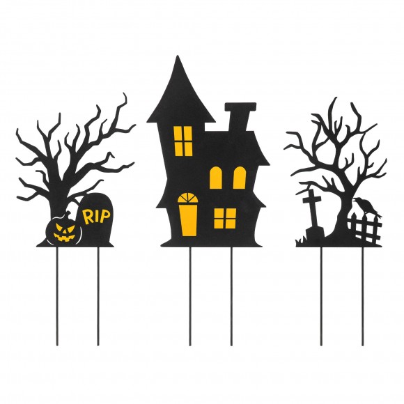 glitzhome Glitzhome 24"H Set of 3 Halloween Metal Silhouette Haunted House and Ghost Tree Yard Stake or Hanging Decor (Two function)