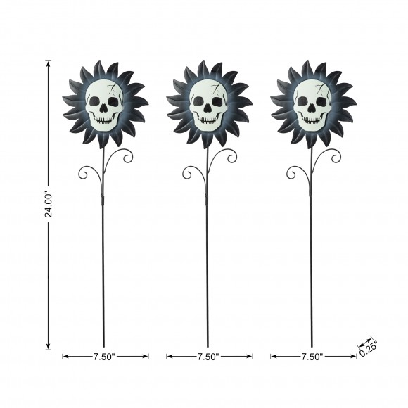 Glitzhome Glitzhome 24"H Set Of 3 Halloween Metal Sunflower Skulls Glow-in-Dark Yard Stake (KD)