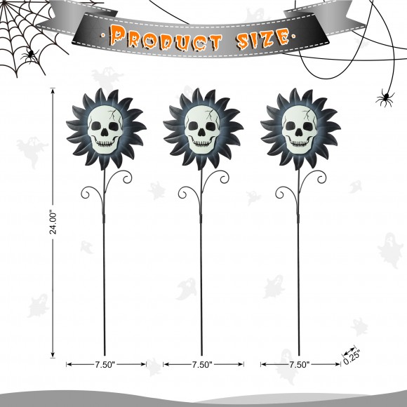 Glitzhome Glitzhome 24"H Set Of 3 Halloween Metal Sunflower Skulls Glow-in-Dark Yard Stake (KD)