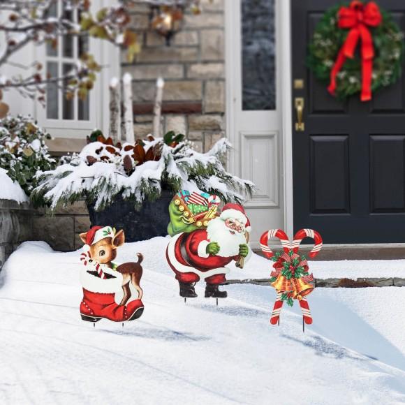 Glitzhome Glitzhome 24"H Set Of 3 Metal Glitter Santa Reindeer And Candy Cane Yard Stake