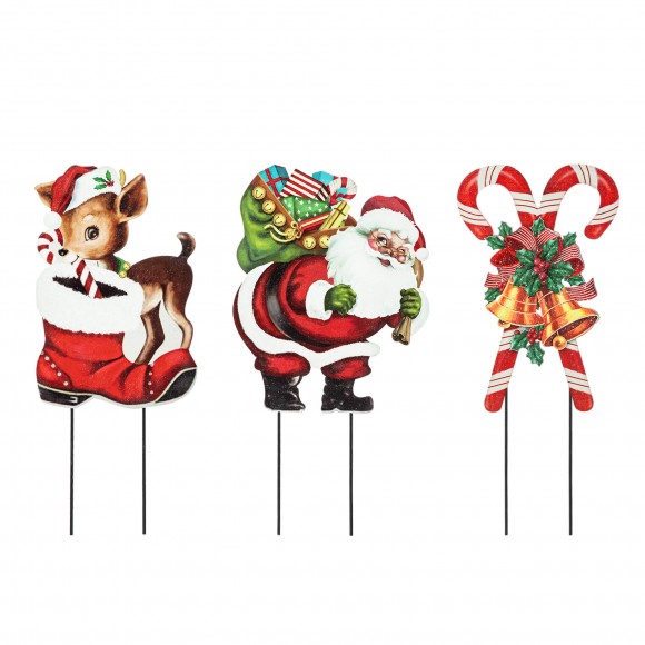 glitzhome Glitzhome 24"H Set of 3 Metal Glitter Santa Reindeer and Candy Cane Yard Stake