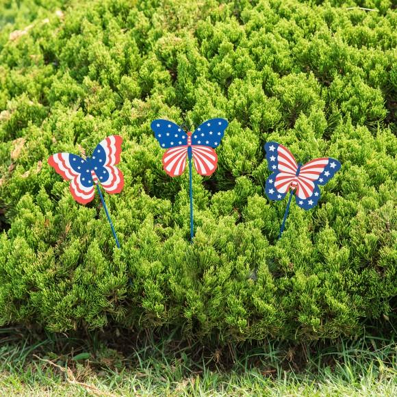 Glitzhome Glitzhome 24"H Set Of 3 Patriotic Americana Metal Butterflies Yard Stake (KD)