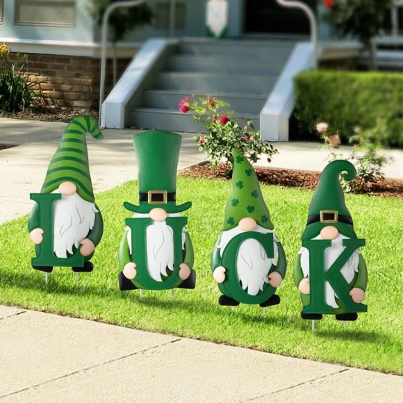 Glitzhome Glitzhome 24"H Set Of 4 Metal St. Patrick's LUCK Gnome Yard Stake Or Standing Decor Or Wall Decor