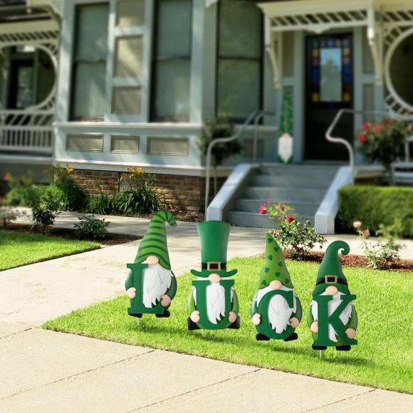 Glitzhome Glitzhome 24"H Set Of 4 Metal St. Patrick's LUCK Gnome Yard Stake Or Standing Decor Or Wall Decor