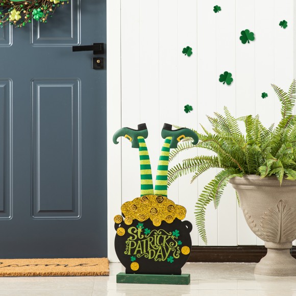 Glitzhome Glitzhome 24''H Wooden St. Patrick's Leprechaun Pot Of Gold Porch Decor