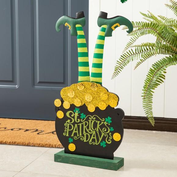 Glitzhome Glitzhome 24''H Wooden St. Patrick's Leprechaun Pot Of Gold Porch Decor