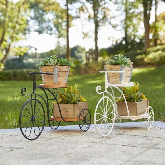 Glitzhome Glitzhome 24"L Black Metal Tricycle Planter Stand With Natural Solid Wood Tray