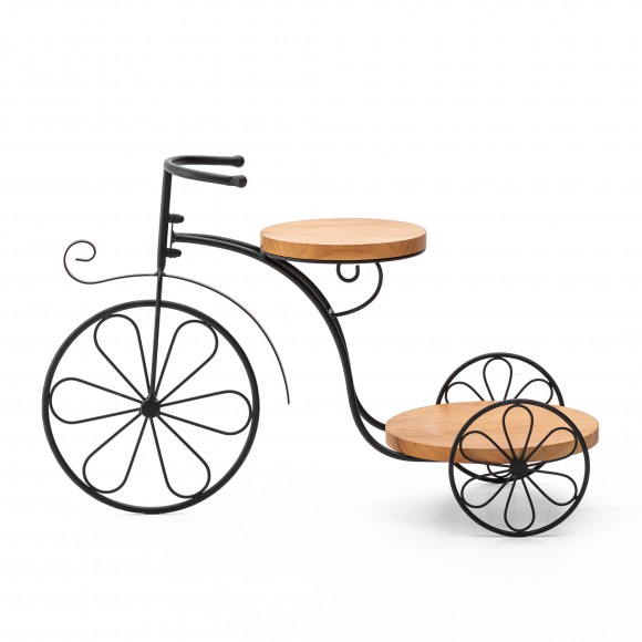glitzhome Glitzhome 24"L Black Metal Tricycle Planter Stand with Natural Solid Wood Tray