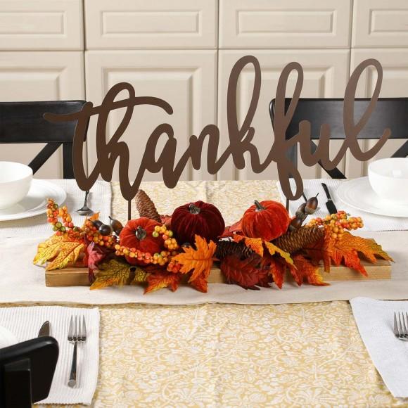 Glitzhome Glitzhome 24"L Harvest "Thankful" Metal Sign Floral Or Centerpiece