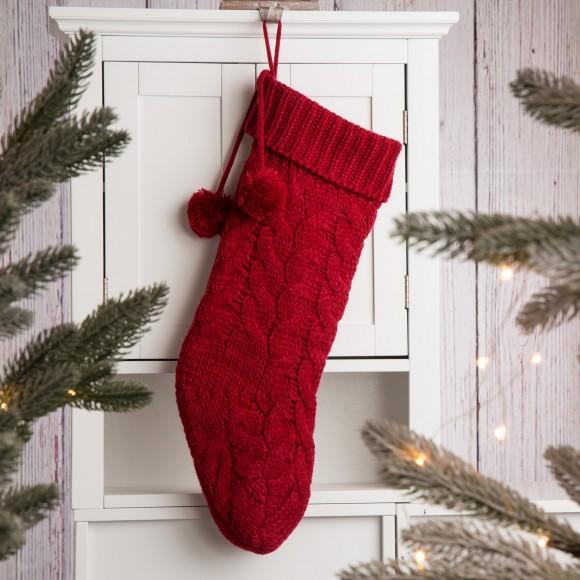 Glitzhome Glitzhome 24"L Knitted Polyester Christmas Stocking W/Pom Pom Ball - Red