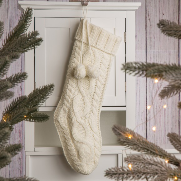 Glitzhome Glitzhome 24"L Knitted Polyester Christmas Stocking W/Pom Pom Ball - White