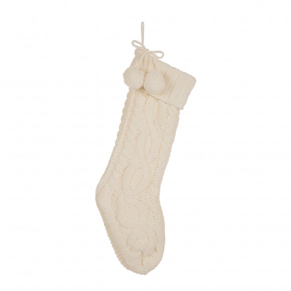 glitzhome Glitzhome 24"L Knitted Polyester Christmas Stocking w/Pom Pom Ball - White