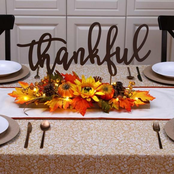 Glitzhome Glitzhome 24"L Lighted Metal "Thankful" Centerpiece Table Décor With Floral