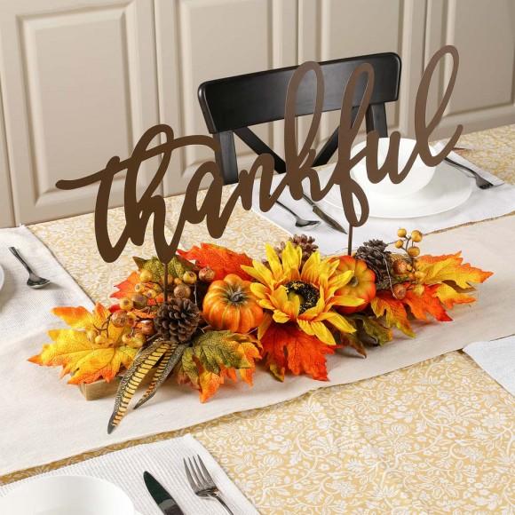 Glitzhome Glitzhome 24"L Lighted Metal "Thankful" Centerpiece Table Décor With Floral