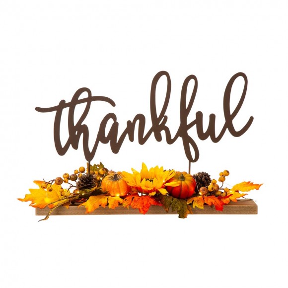 glitzhome Glitzhome 24"L Lighted Metal "Thankful" Centerpiece Table Décor with Floral