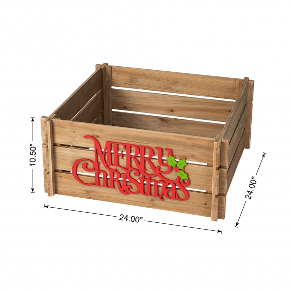 Glitzhome Glitzhome 24"L Natural Wooden "MERRY CHRISTMAS" Solid Wood Crate Tree Collar (KD)