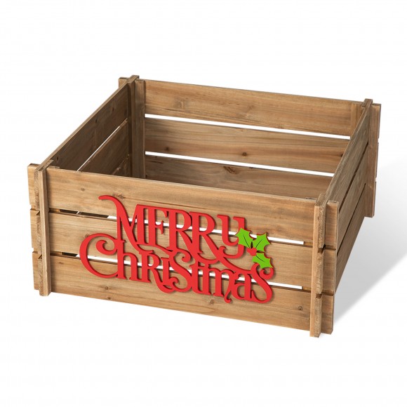 glitzhome Glitzhome 24"L Natural Wooden "MERRY CHRISTMAS" Solid Wood Crate Tree Collar (KD)