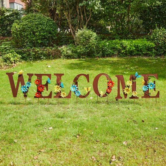 Glitzhome Glitzhome 25.5"H Metal WELCOME With Flowers Yard Stakes Or Wall Decor Set Of 7