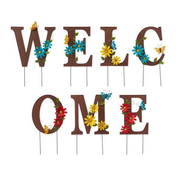 glitzhome Glitzhome 25.5"H Metal WELCOME with Flowers Yard Stakes or Wall Decor Set of 7